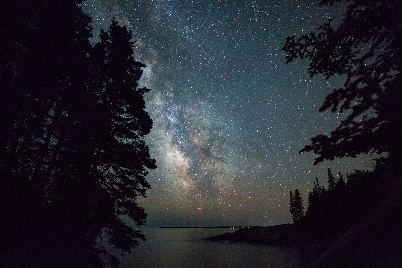 Night sky over a rocky beach and trees