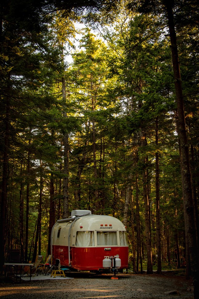 Vintage camper trailer parked at campsite under trees