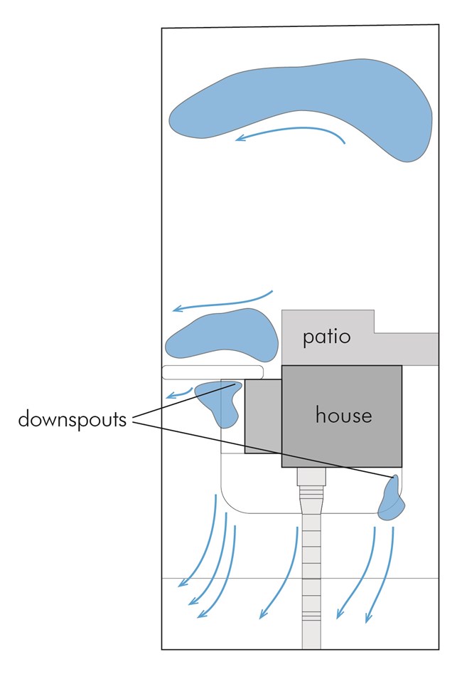 A diagram shows where water pools and which direction it flows across the yard.