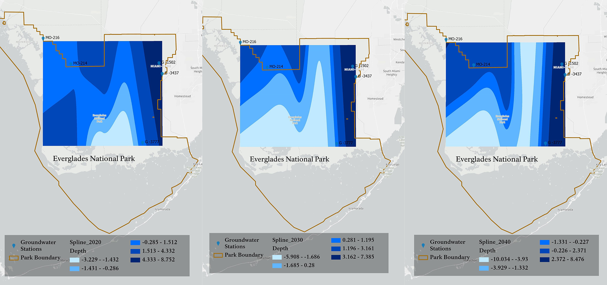 Maps of 2020 and predicted 2030 and 2040 groundwater levels in Everglades National Park.