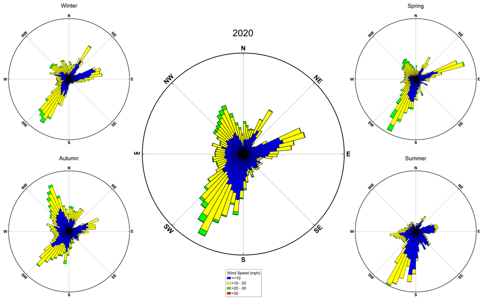 wind roses for the year and the 4 seasons showing wind speed and direction at ASIS in 2020