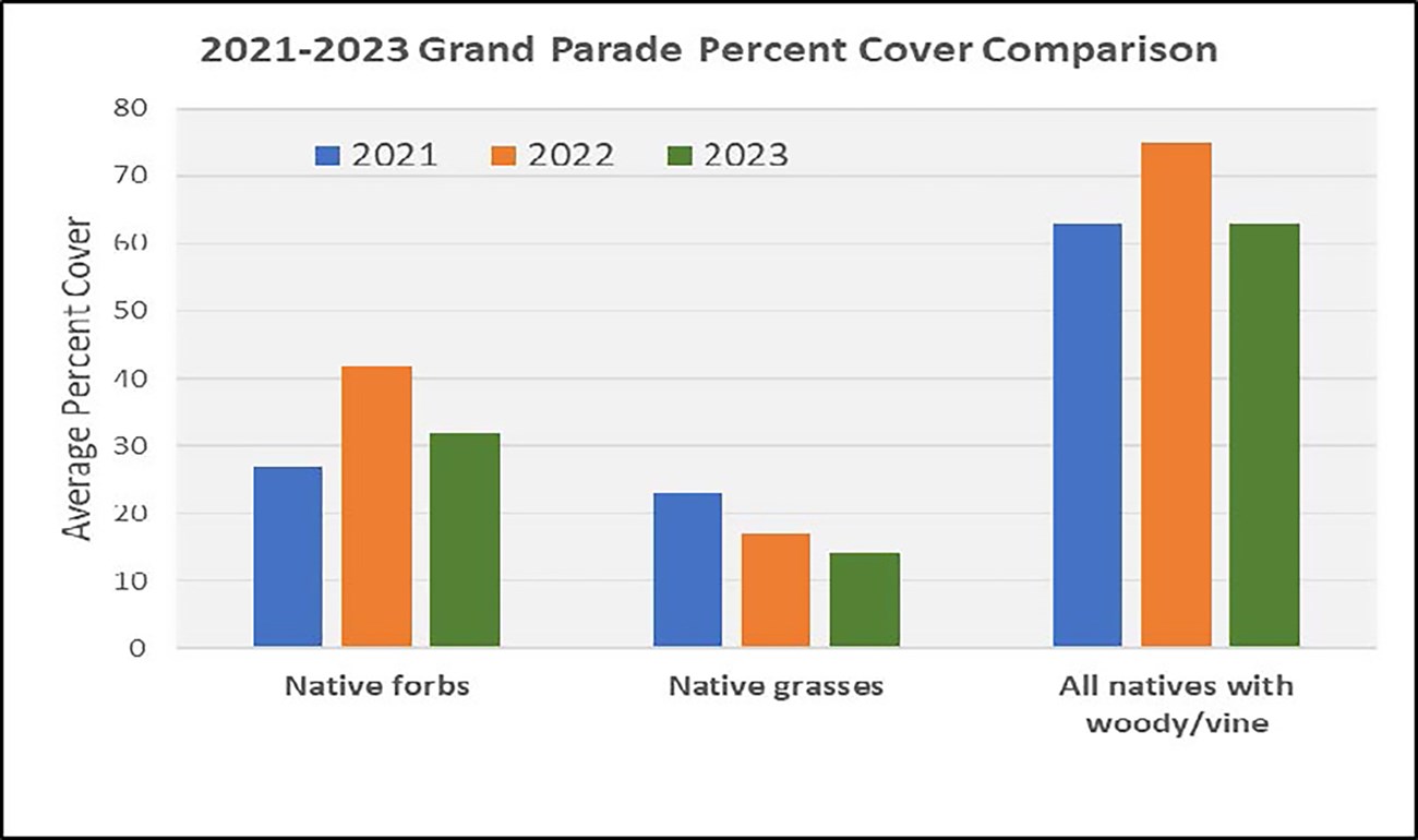 2021 to 2023 Grand Parade Cover Comparison a bar graph showing the percent cover of native forbs trending up, native grasses trending down, and all woody natives staying consistent from 2021 to 2023