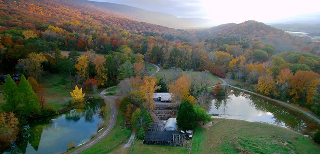 Aerial image of wooded hills and grassy meadows in full autumn colors. In the foreground of the image are low buildings, with two blue-green ponds and wooden fences near expansive fields.