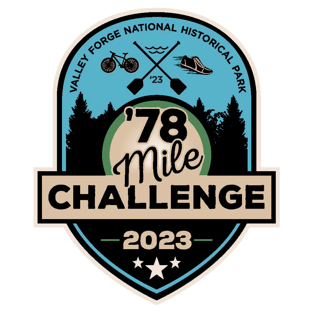 a logo with a rounded top and pointed bottom. a sky blue background with a bicycle, a running shoe, and two paddles crossed appear above a treeline of pine trees. Text reads Valley Forge National Hitorical Park '78 Mile Challenge 2023.