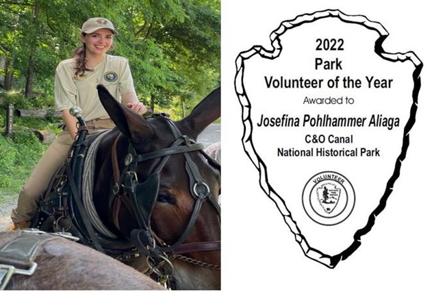 Josefina Pohlhammer Aliaga, from Chile, who became the first international volunteer to be recognized nationally for her service, sits on a mule.