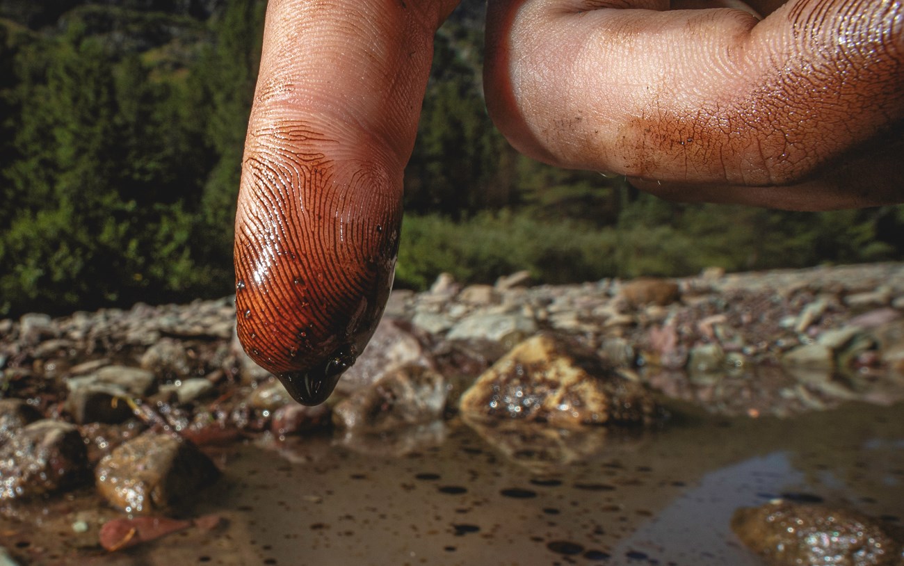 A finger dripping with oil is held close to teh camera with a puddle of oil below