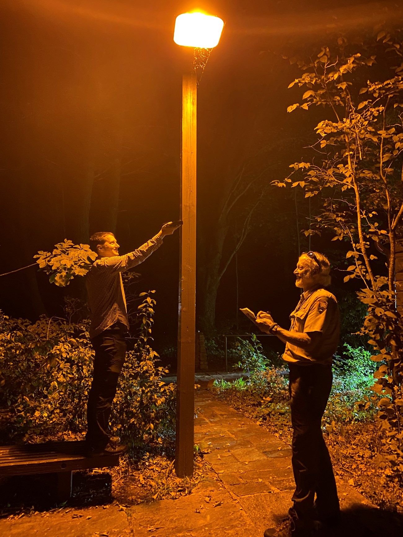 Taking lighting measurements Two people stand below a light that is emitting an amber glow. One holds up an electronic measurement device as the other takes notes.