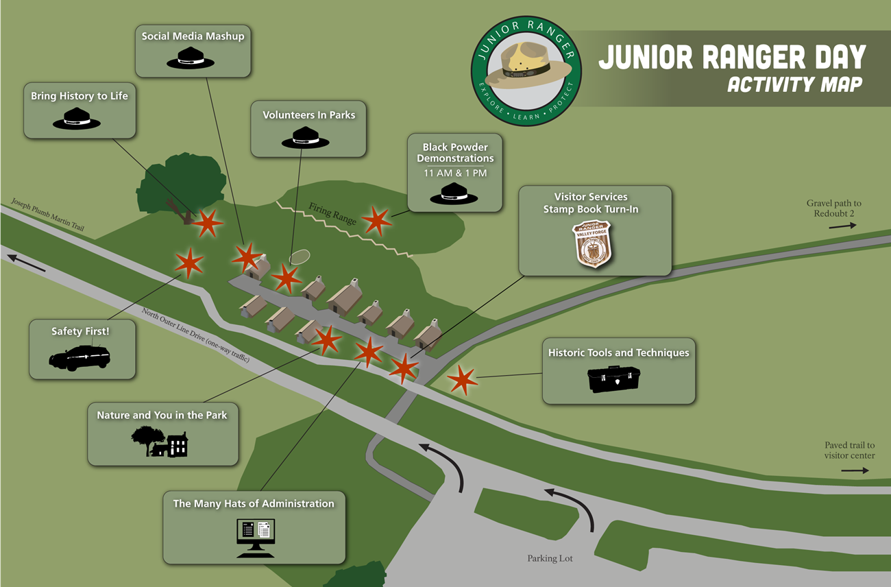 illustrated map graphic showing log huts and red stars indicating activity locations.