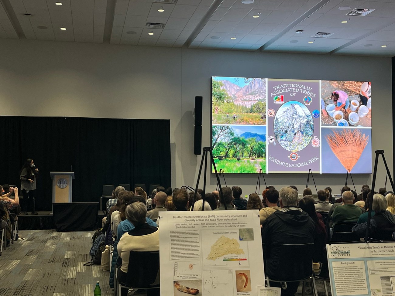 Sierra Nevada science symposium Woman stands on stage in front of large conference room and on screen a slide is displayed showing images of oak woodlands, and the words "Traditionally Associated Tribes of Yosemite National Park"