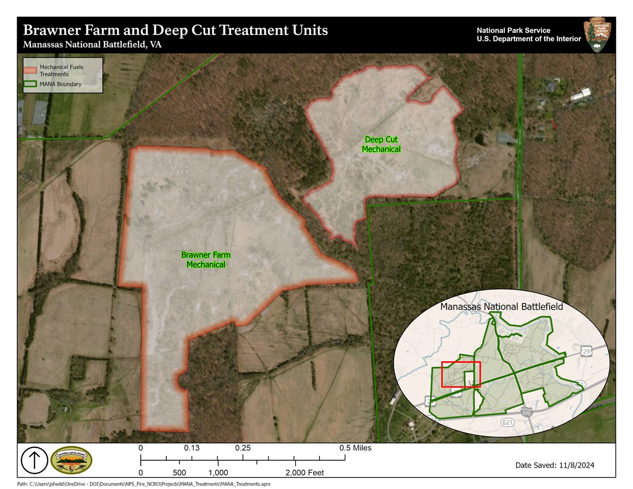 Map of the Deep Cut and Brawner Farm areas of Manassas National Battlefield Park
