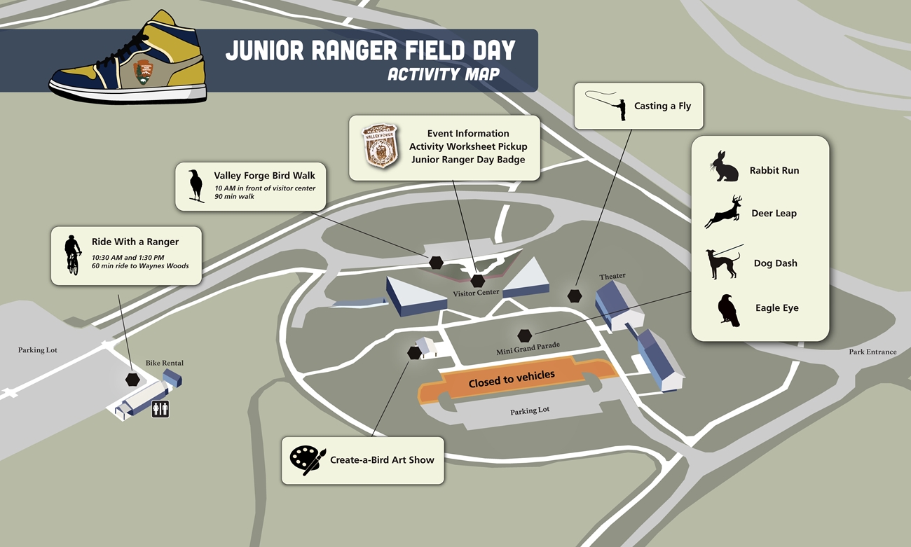 2025 Junior Ranger Field Day Map An illustrated map showing the visitor center area at valley forge national historical park. half of the parking lot near the Mini Grand Parade is closed to vehicles. activity locations are indicated by the name of each activity and silhouettes.