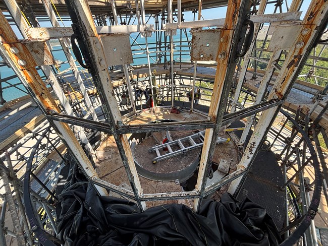 Metal frame, resembling a bird cage, with metal scafolding built around it