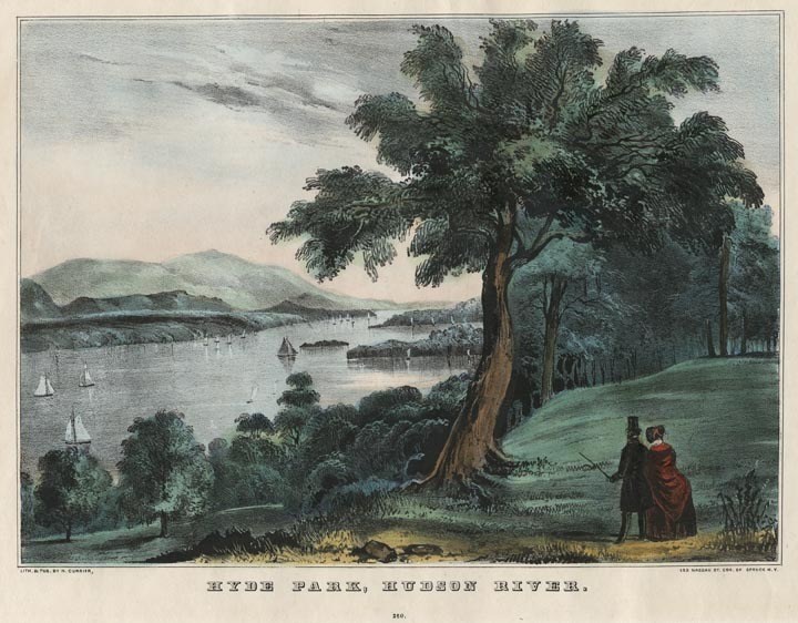 lt= A watercolor drawing of a couple looking at a river landscape.