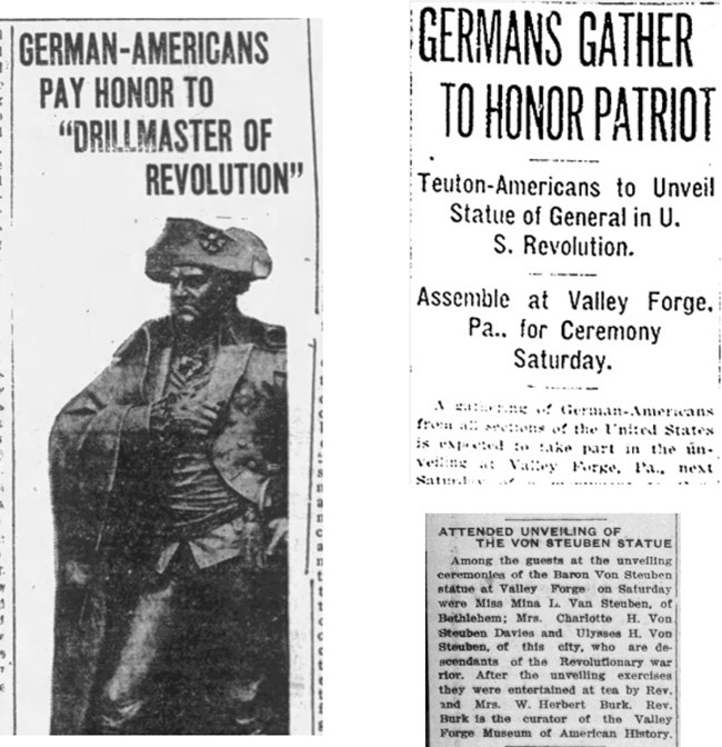 Articles about the unveiling of the General von Steuben Statue at Valley Forge. Published the Passaic Daily News, October 9, 1915 (Left), the Cleveland Plains Dealer, October 4, 1915 (Top), and the Morning Call, October 11, 1915 (Bottom).