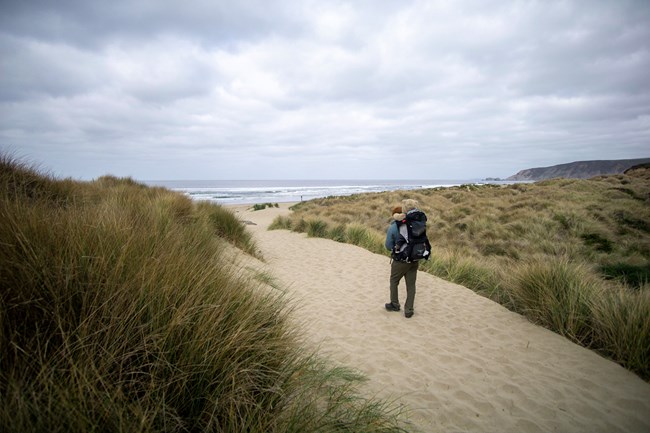 A man carrying a baby in a backpacker carrier walks on a sandy trail down to the beach.