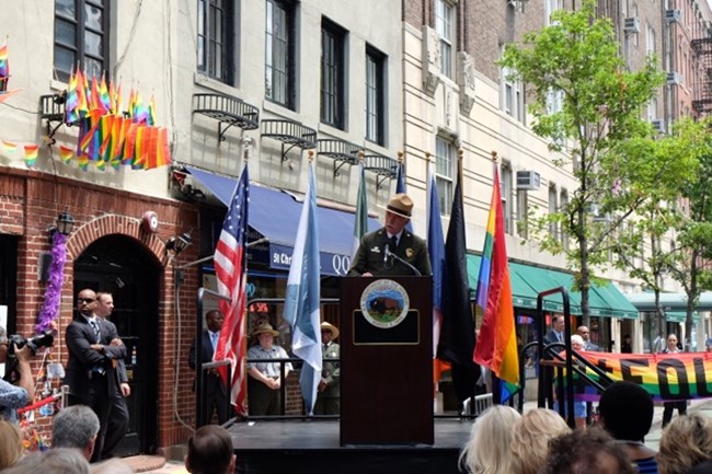 Stonewall National Monument Dedication Celebration, June 27, 2016.Director of the National Park Service Jonathan Jarvis speaks at the dedication of Stonewall National  Monument, the first National Monument to honor the LGBT community in the United States