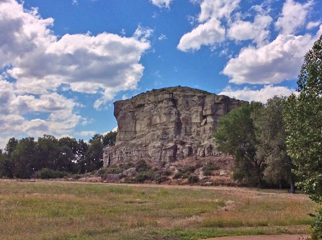 2223ab84839f4567b70e92f3af56b0f4Original photograph of large rock butte rising from the plains, with bushy vegetation in the foreground.