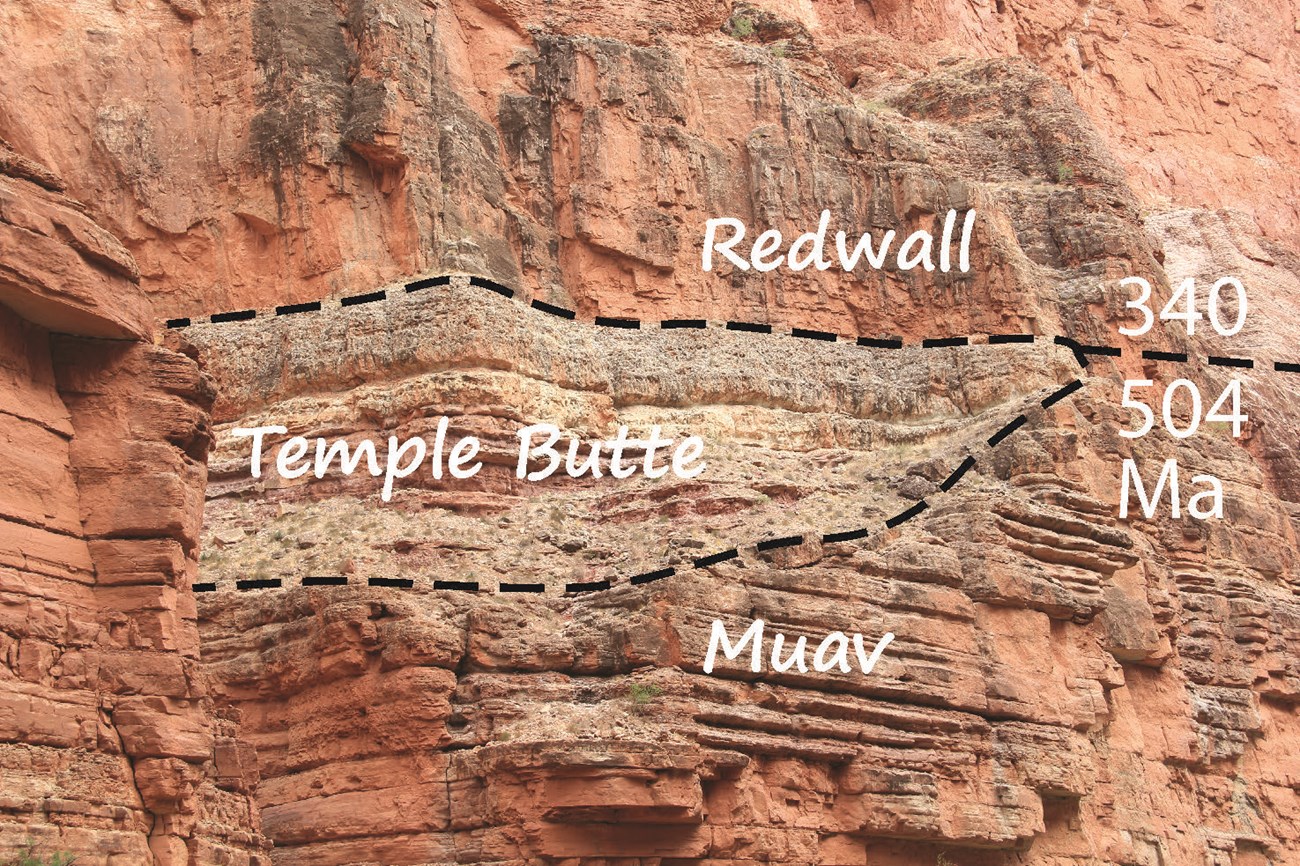 Photo of a section of cliff face with rock formation names and dates shown in text overlay.
