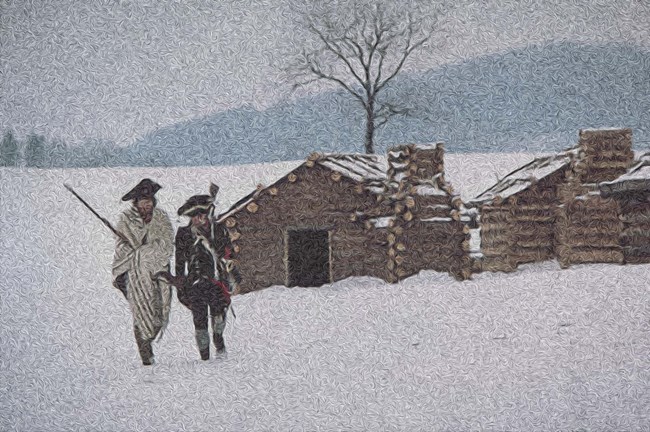 Stylized oil painting based on a photo of reenactors at Valley Forge National Historical Park give a sense of the conditions there the winter that von Steuben trained the troops.