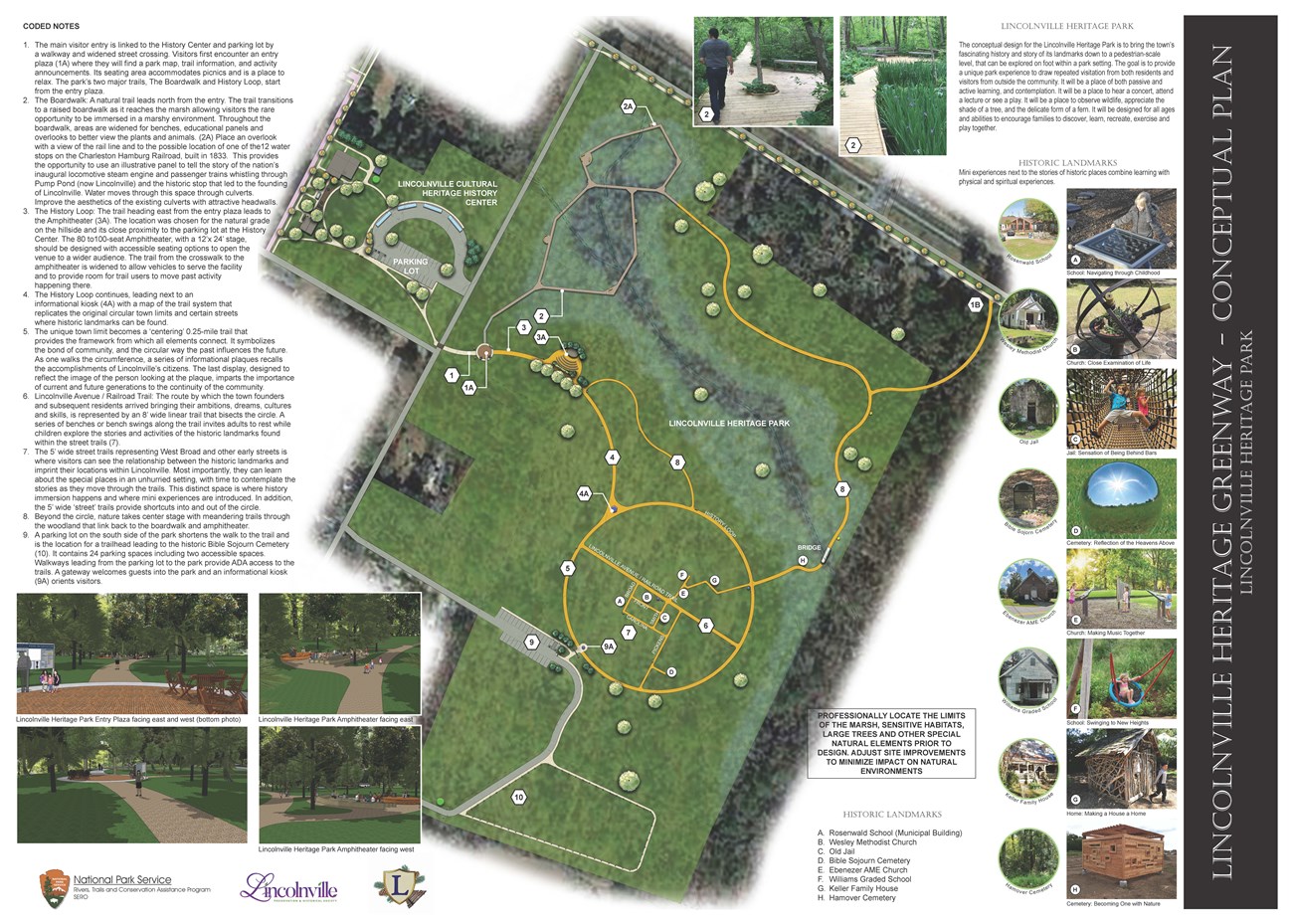The National Park Service – Rivers, Trails, and Conservation Assistance program collaborated with the community to develop a conceptual plan for the proposed 40-acre Lincolnville Heritage Park. The plan incorporated key requested elements and significant