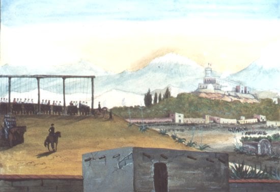 Painting illustrating a mass hanging. In the foreground is a gallows with 20 plus indiviiduals hanging from it and military uniformed soldiers watching the gallows. Behind the gallows is a crenellated fortress and a mountain