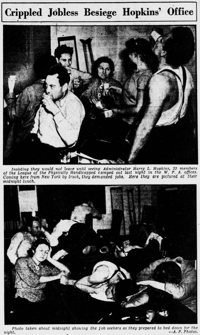 A news clipping entitled "Crippled Jobless Besiege Hopkins' Office." the top image shows protesters having "midnight lunch" and the bottom image show protesters sleeping.