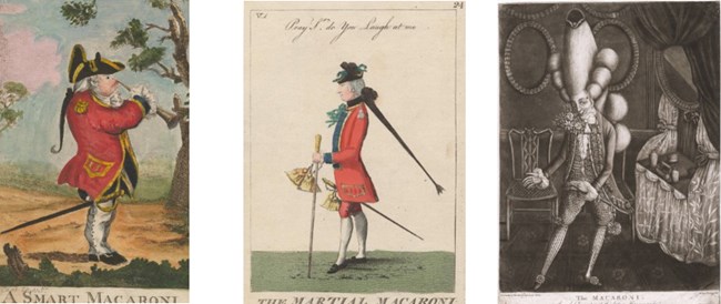 Caricatures of British Officer Macaronis. The line “stuck a feather in his hat and called it macaroni” insults Yankee (American) doodles (bumpkins) who made fools of themselves by putting a feather in their cap in an attempt to mimic upper-class men of fashion (dandies or macaronis).