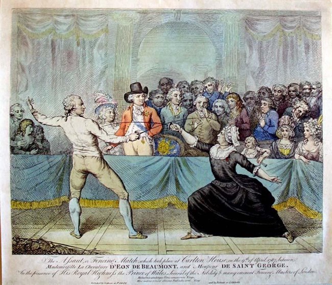 The Assaut, or Fencing Match. Print by Victor Marie Picot after a painting by Charles Jean Robineau, 1789. This print shows a fencing demonstration. On the right is Chevalier d'Éon, a French diplomat, spy, and soldier, who publicly lived the first half of Painting of a fencing match between two people, one dressed as a man, the other dressed as a woman, as spectators watch.
