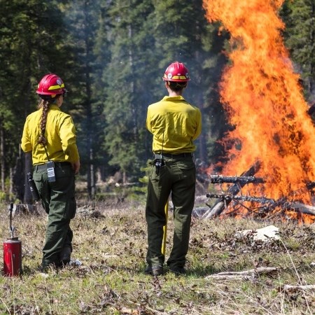 two wildland firefighters watching a pile of brush in flames