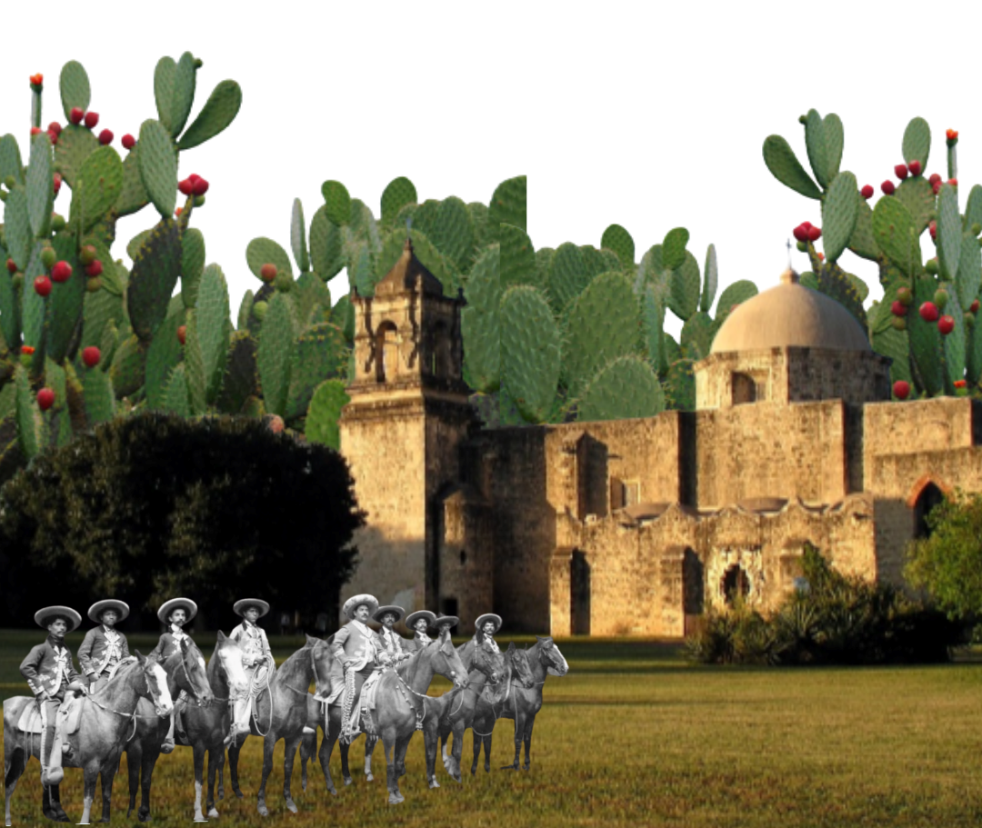Overlay of a photo of a misson, prickly pear, and a band of cowboys