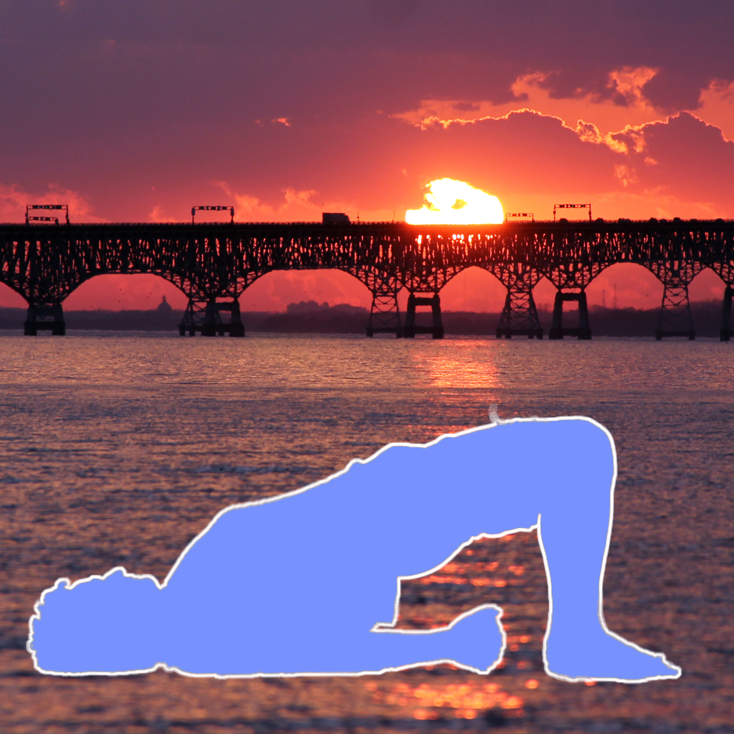 Bridge Pose An outline of a man in bridge pose with a bridge and sunset in the background.