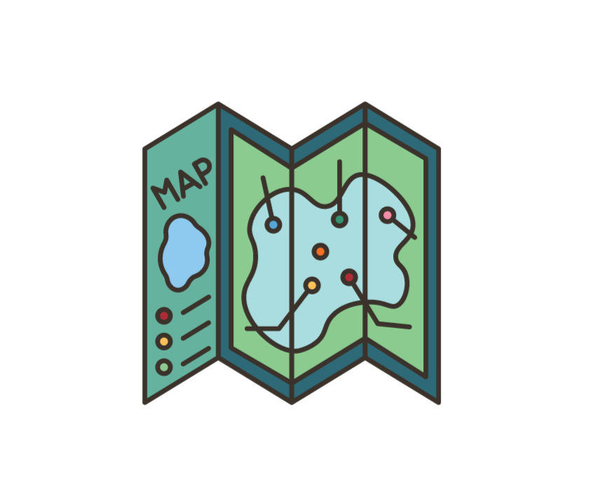 Cartoon map with folding sections and labels Cartoon of a map