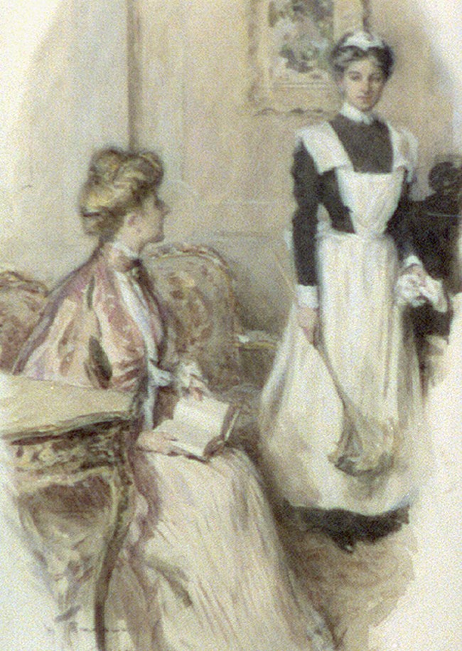 A maid in a black and white service uniform stands on the left.  She is holding a feather duster and rag.  The woman on the right is wearing a white dress with a pink overcoat.  She is reading a book.