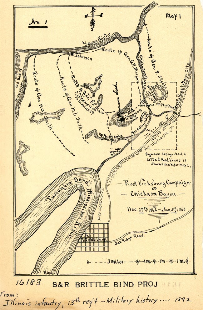 3 - Chickasaw Bayou-Buford Hand drawn map with ink depicts the contextual landscape of the battlefield. Landforms, rivers, roads and infantry locations illustrate the rectangular frame of the cream-colored paper.