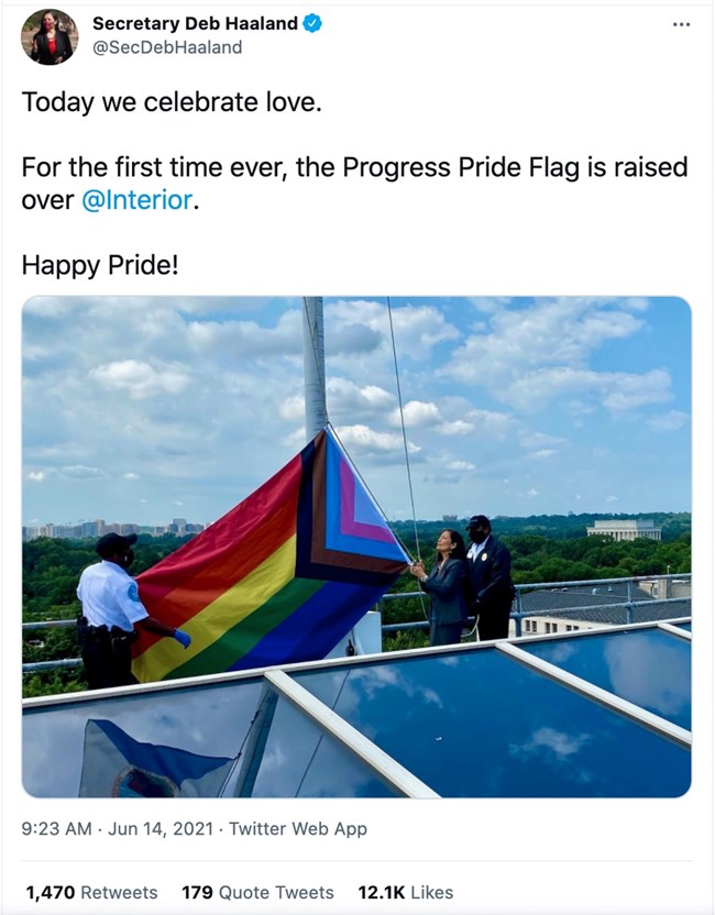 Secretary Deb Haaland recognizes Flag Day by raising the Progress Pride Flag  over the Department of the Interior, June 14, 2021. This was the first time any Pride flag has been flown over the DOI in the agency’s history.