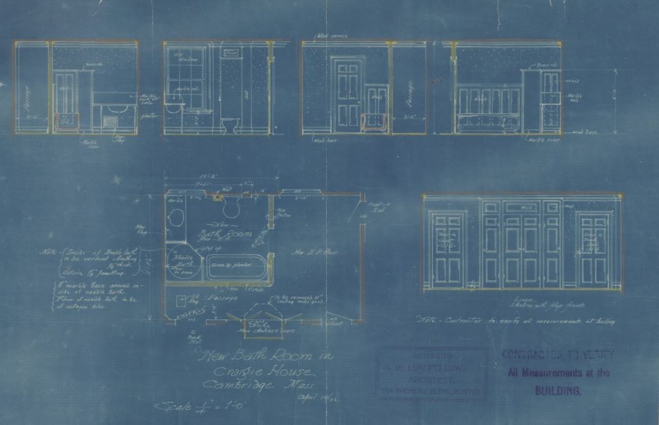 3002/001-003#002 Blueprint with plan view and four elevations of bathroom and elevation of linen cabinet doors