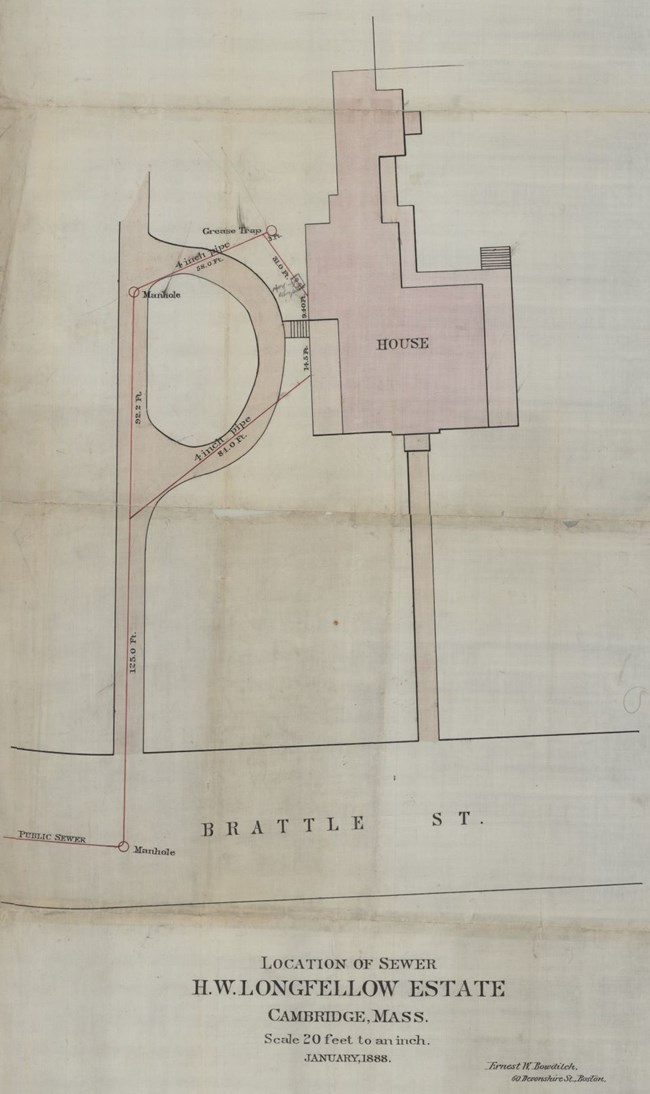 3002/002-#007 Plan of house and driveway with location of sewer marked in red