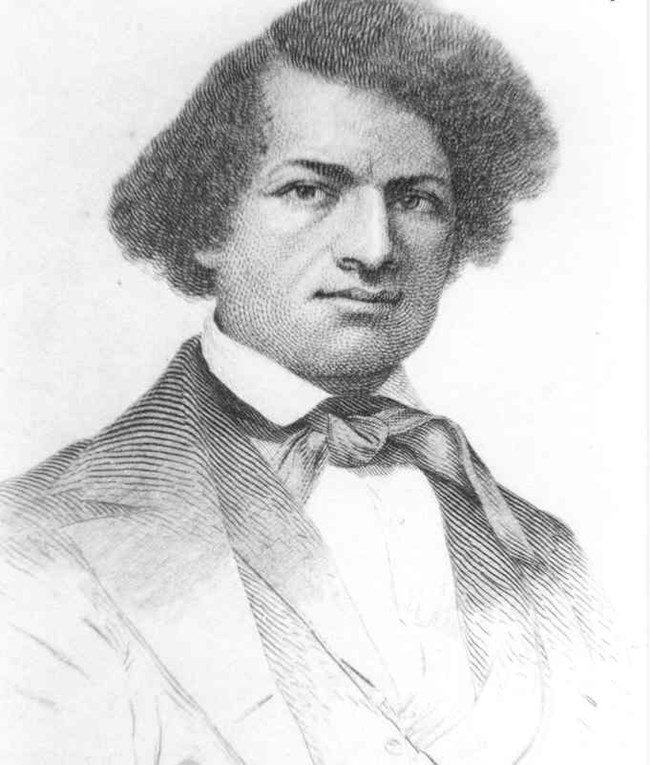 A sketch drawing of Frederick Douglass in 1845.  He's wearing a dark suit.