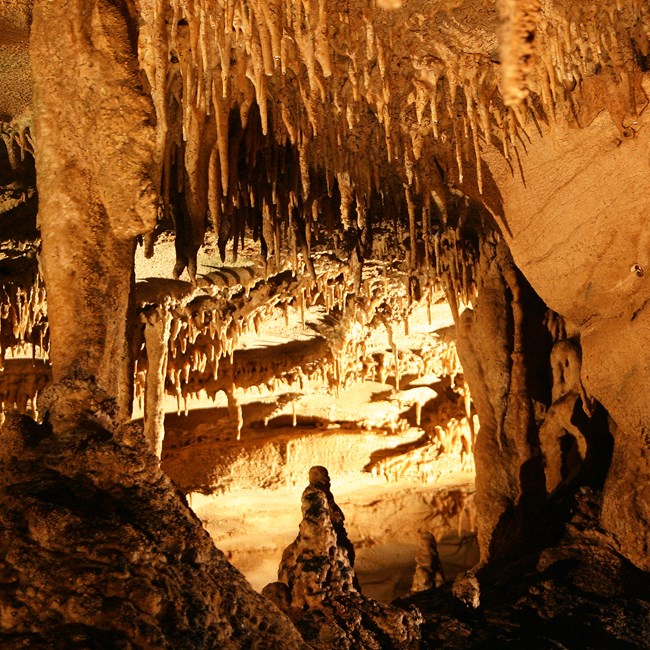Stalactites and stalagmites inside Mammoth Cave, formed by dripping water. NPS photo.