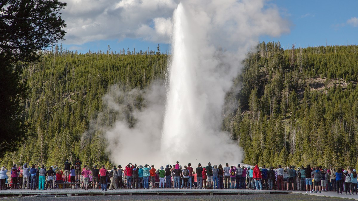Old Faithful Geyser eruption a crowd of people watching as a geyser erupts