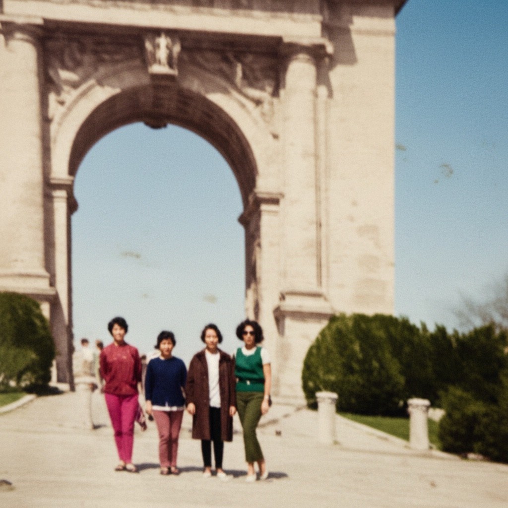 A group of people stand in front of the national memorial arch