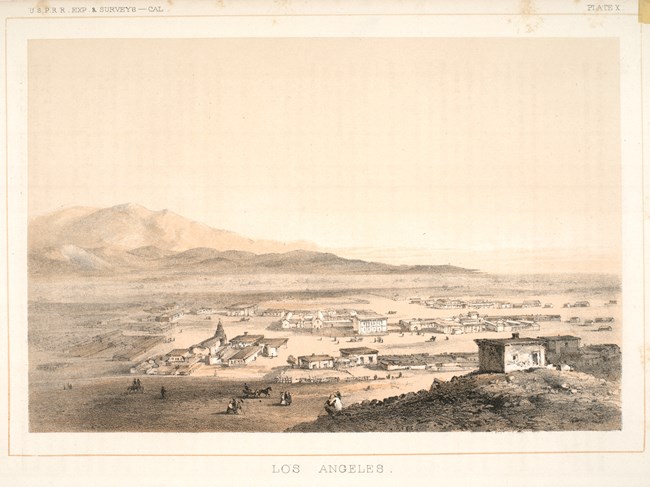 Drawing of Los Angeles in 1850s