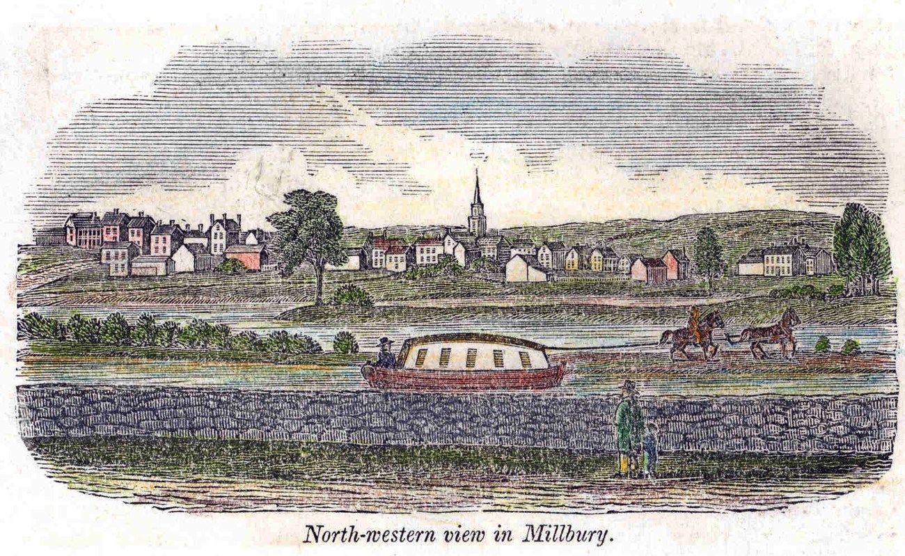 Colored wood cut of horse pulling Blackstone Canal barge with buildings in the background