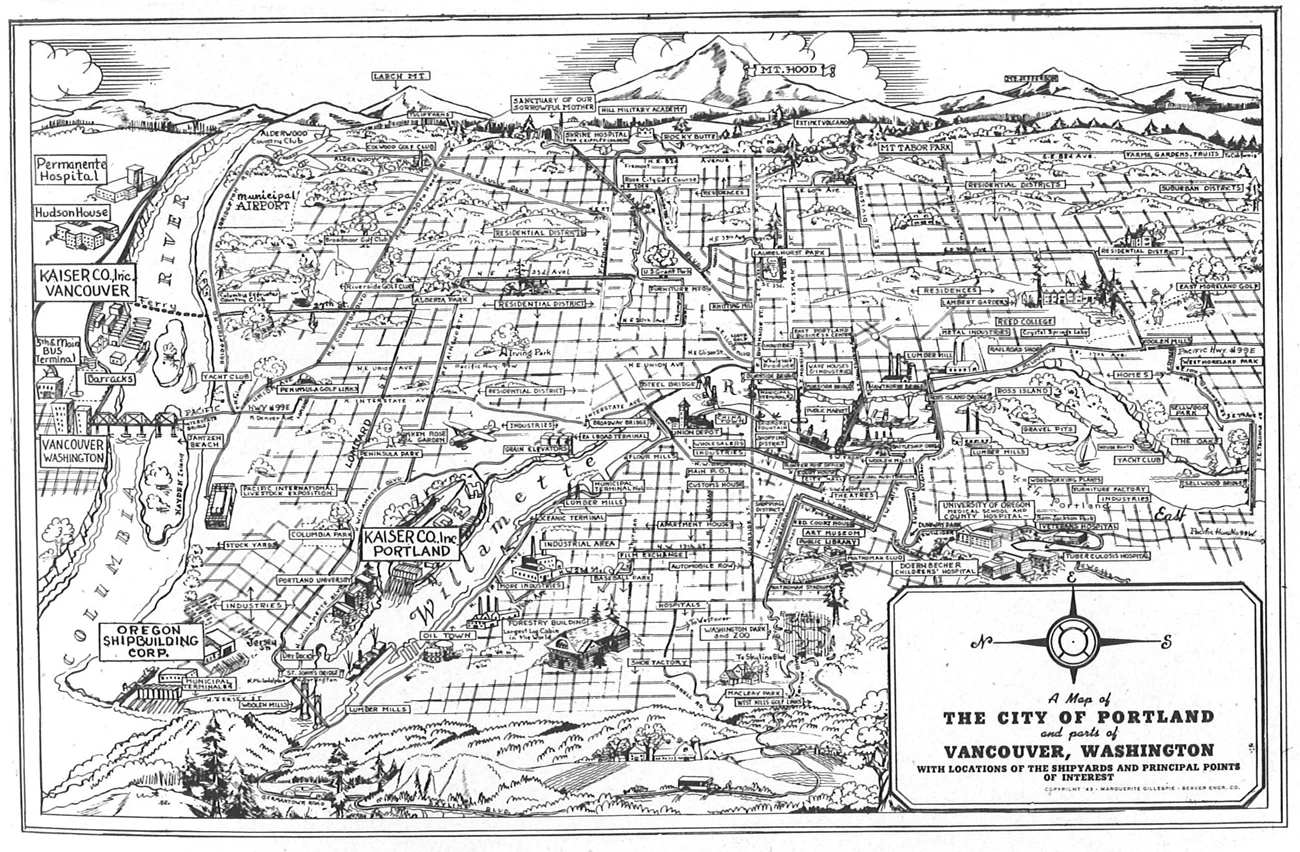 3.002BosnWhistle An illustrated aerial map of Portland and part of Vancouver. This map displays the location of each Kaiser Shipyard. The map faces east and overlooks Mount Hood.