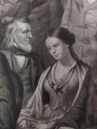 FW3 Detail of greyscale engraving. At right, a seated woman with dark hair and placid expression gazing downward, with dark hair and formal corseted dress and shawl. At left, standing suited man with shoulder-length grey hair and beard gazing opposite way