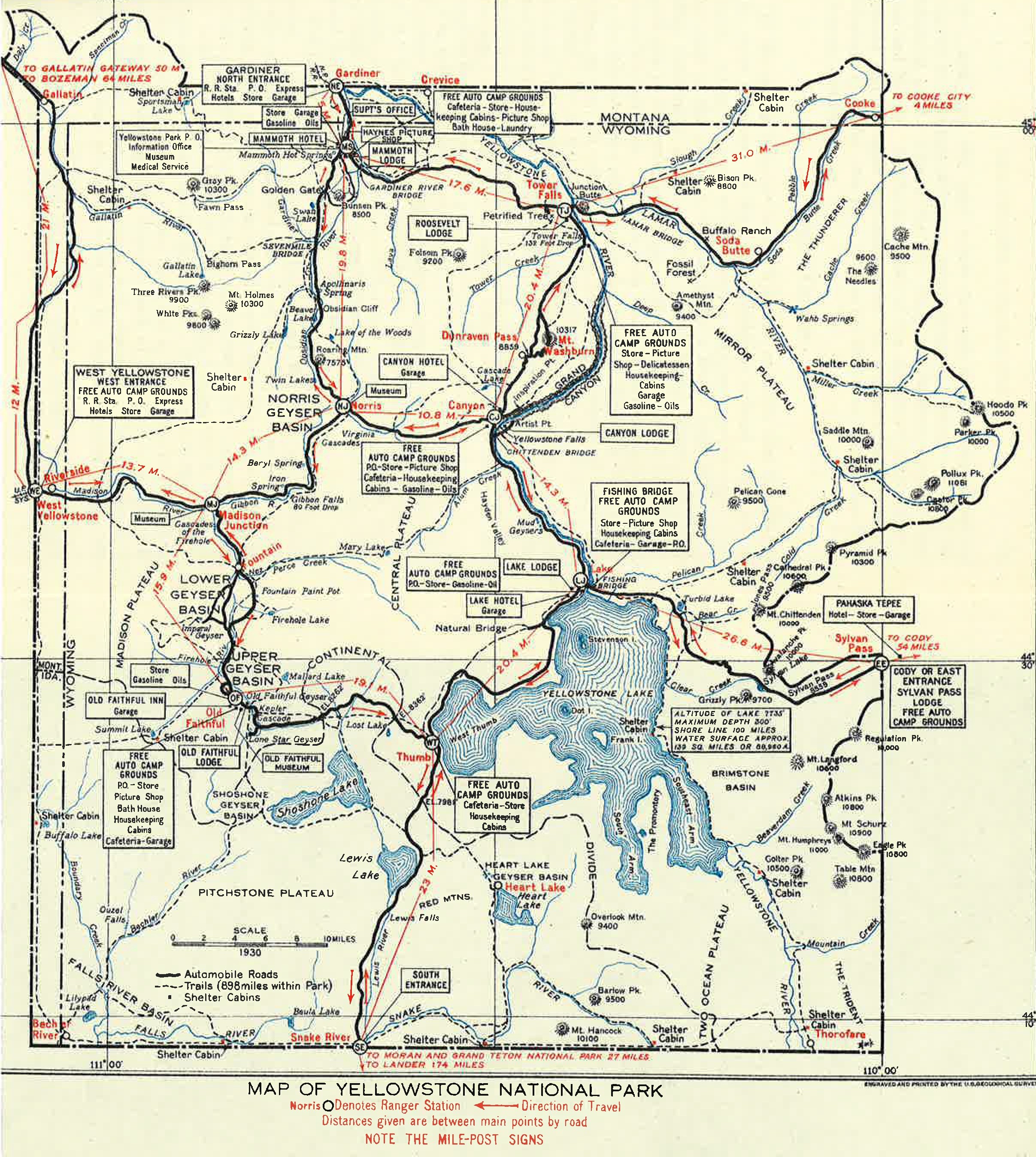 Map of Yellowstone National Park from 1930 showing the shape of the park and general features such as main roads, rivers, and points of interest