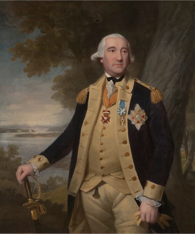 An oil painting portrait of General von Steuben in full military dress uniform.