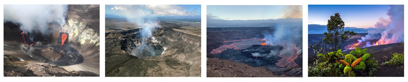 A collage of four pictures of a crater with lava in it.