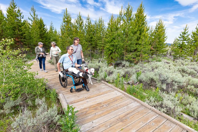 Four people exploring a paved trail, one man is in a wheelchair with a dog the other three are walking Four people exploring a paved trail, one man is in a wheelchair with a dog the other three are walking