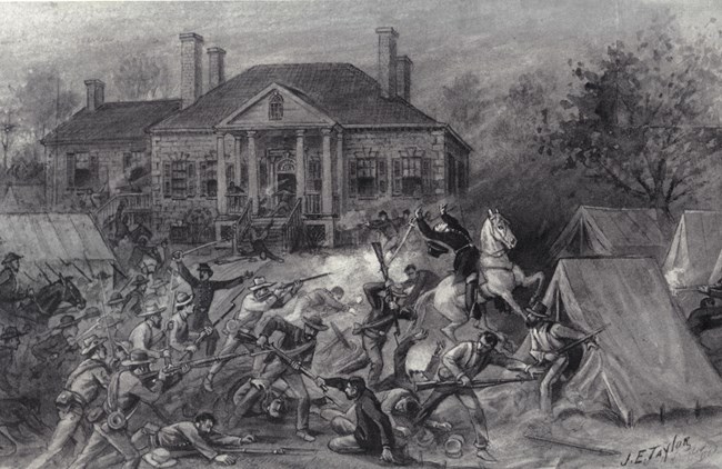 Sketch of the Battle of Cedar Creek raging around the Belle Grove Manor House